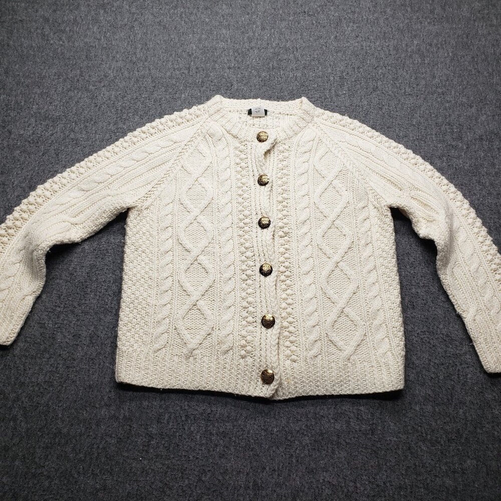 J. CREW Cable Knit Cardigan Sweater Ivory Gold Buttons Lambswool Size Medium